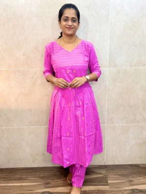 Pure handloom cotton top with allover thread weavings (panel cut Anarkali) paired with handloom cotton bottom (free size)