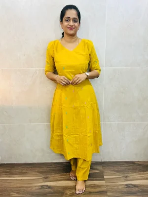 Pure handloom cotton top with allover thread weavings (panel cut Anarkali) paired with handloom cotton bottom (free size)
