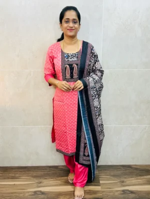 Printed cotton top(cotton lining) paired with printed chanderi silk dupatta and santoon bottom(free size)