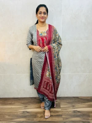 Printed cotton top(cotton lining) paired with printed chanderi silk dupatta and santoon bottom(free size)