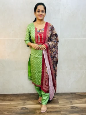 Printed cotton top(cotton lining) paired with printed chanderi silk dupatta and santoon bottom(free size)