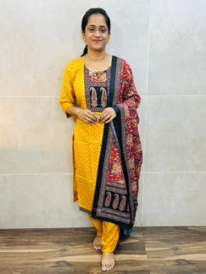 Printed cotton top(cotton lining) paired with printed chanderi silk dupatta and santoon bottom(free size)