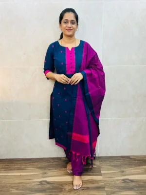 Pure handloom cotton top(cotton lining) with allover thread weavings paired with handloom cotton dupatta and cotton bottom(free size)