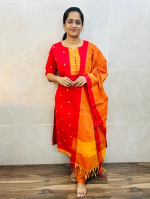 Pure handloom cotton top(cotton lining) with allover thread weavings paired with handloom cotton dupatta and cotton bottom(free size)