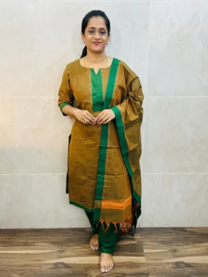 Pure handloom cotton top(cotton lining) with allover thread weavings paired with handloom cotton dupatta and cotton bottom(free size)