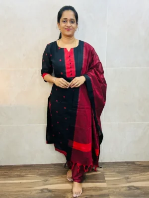 Pure handloom cotton top(cotton lining) with allover thread weavings paired with handloom cotton dupatta and cotton bottom(free size)