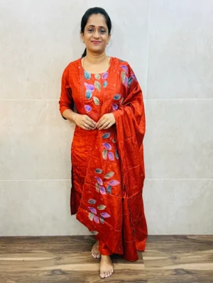 Soft silk top (full crepe lining) with brush paint and embroidery on yoke paired with embroidered soft silk dupatta and silk bottom (straight cut)