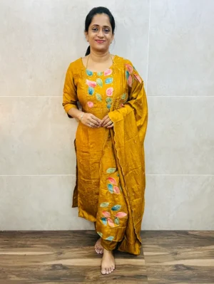 Soft silk top (full crepe lining) with brush paint and embroidery on yoke paired with embroidered soft silk dupatta and silk bottom (straight cut)