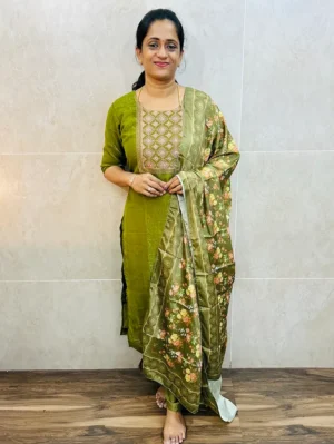 Soft crush silk top (full crepe lining) with embroidered yoke paired with printed muslin silk dupatta and silk bottom (free size)