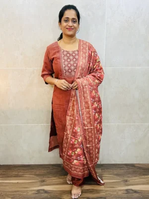 Soft crush silk top (full crepe lining) with embroidered yoke paired with printed muslin silk dupatta and silk bottom (free size)
