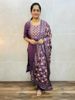 Soft crush silk top (full crepe lining) with embroidered yoke paired with printed muslin silk dupatta and silk bottom (free size)