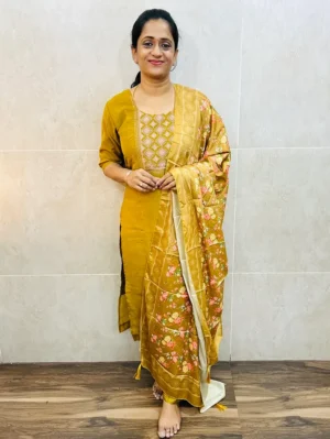 Soft crush silk top (full crepe lining) with embroidered yoke paired with printed muslin silk dupatta and silk bottom (free size)