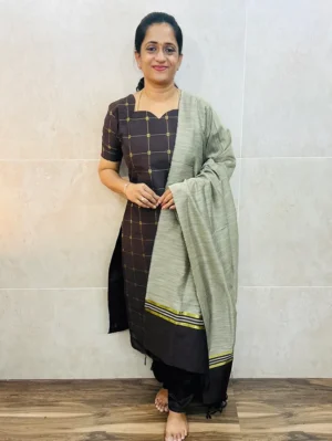 Premium semi raw silk top (cotton lining) with allover zari weavings paired with zari woven semi raw silk dupatta and semi raw silk bottom (free size)