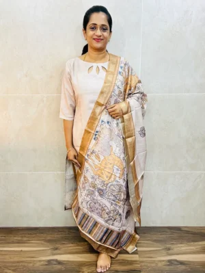 Premium semi Tussar top (cotton lining) with allover zari weavings paired with semi Tussar dupatta and silk bottom (free size)