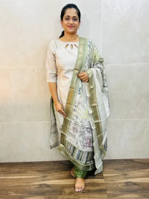 Premium semi Tussar top (cotton lining) with allover zari weavings paired with semi Tussar dupatta and silk bottom (free size)