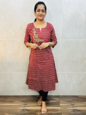 Printed cotton top with machine embroidered yoke(panel cut Anarkali)
