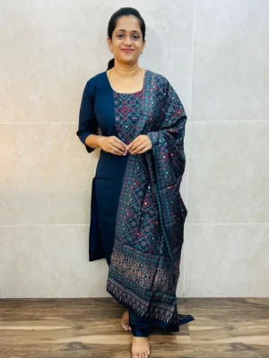 Soft muslin silk top(cotton lining)with mirror worked patch on yoke paired with muslin silk dupatta and silk bottom(free size)