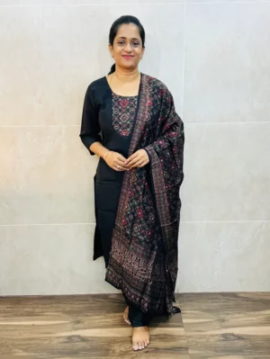 Soft muslin silk top(cotton lining)with mirror worked patch on yoke paired with muslin silk dupatta and silk bottom(free size)