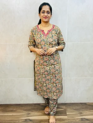 Original Kalamkari cotton top (cotton lining) with handwork on yoke paired with Kalamkari cotton bottom (straight cut)