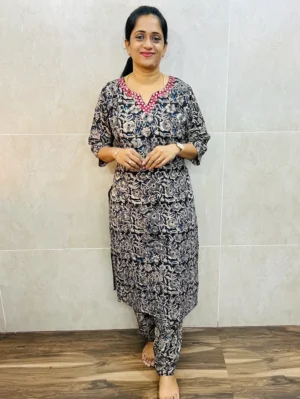 Original Kalamkari cotton top (cotton lining) with handwork on yoke paired with Kalamkari cotton bottom (straight cut)