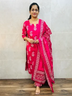 Pink - Block Printed soft mul cotton top (cotton lining) paired with printed cotton dupatta and cotton bottom (straight cut)