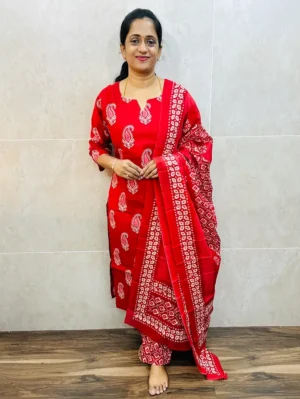 Red - Block Printed soft mul cotton top (cotton lining) paired with printed cotton dupatta and cotton bottom (straight cut)