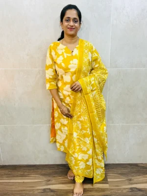 Block Printed soft mul cotton top (cotton lining) paired with printed cotton dupatta and cotton bottom (straight cut)