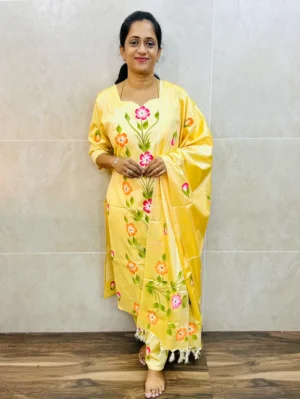 Semi tussar top(cotton lining) with allover handbrush paints paired with semi tussar dupatta and semi tussar bottom(free size)