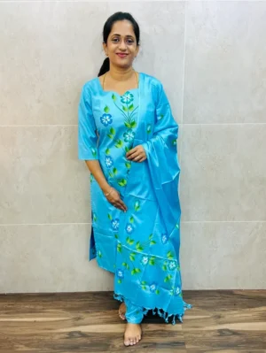 Semi tussar top(cotton lining) with allover handbrush paints paired with semi tussar dupatta and semi tussar bottom(free size)