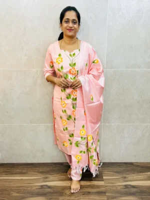 Semi tussar top(cotton lining) with allover handbrush paints paired with semi tussar dupatta and semi tussar bottom(free size)