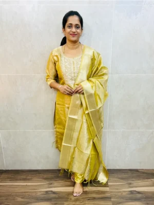 Premium Benaras soft tissue silk top(cotton lining)with embroidered yoke paired with soft tissue silk dupatta and silk bottom