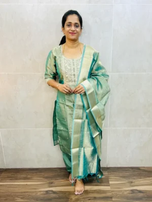 Premium Benaras soft tissue silk top(cotton lining)with embroidered yoke paired with soft tissue silk dupatta and silk bottom