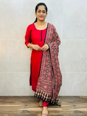 Soft silk top(cotton lining) with contrast potli work on yoke paired with printed semi modal dupatta and silk bottom(free size)
