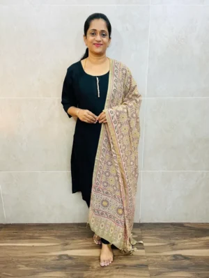Soft silk top(cotton lining) with contrast potli work on yoke paired with printed semi modal dupatta and silk bottom(free size)