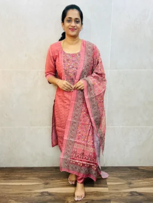 Soft silk top(cotton lining) with Acoba cutwork and mirrorworked yoke paired with printed soft silk dupatta and silk bottom(free size)