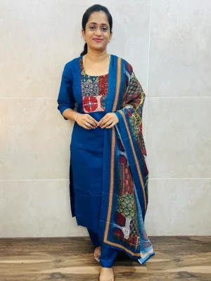 Premium cotton top (cotton lining) with Ajrakh patchwork on yoke paired with printed soft silk dupatta and cotton bottom (free size)