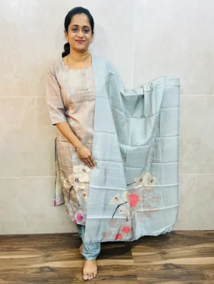 Printed semi tussar top(cotton lining) paired with printed semi tussar dupatta and silk bottom(free size)