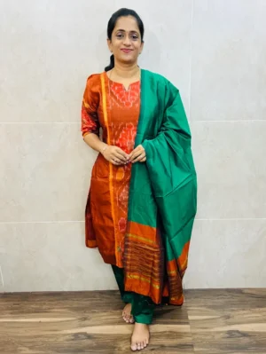 Premium Pochampally handloom silk cotton top (cotton lining) paired with silk cotton dupatta and silk bottom (Free size)