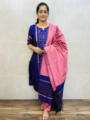 Premium Pochampally handloom silk cotton top (cotton lining) paired with silk cotton dupatta and silk bottom (Free size)