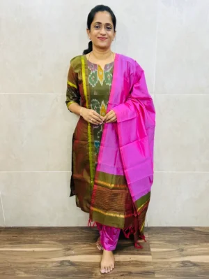Premium Pochampally handloom silk cotton top (cotton lining) paired with silk cotton dupatta and silk bottom (Free size)