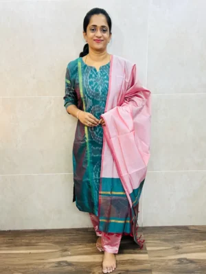 Premium Pochampally handloom silk cotton top (cotton lining) paired with silk cotton dupatta and silk bottom (Free size)