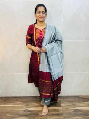 Premium Pochampally handloom silk cotton top (cotton lining) paired with silk cotton dupatta and silk bottom (Free size)