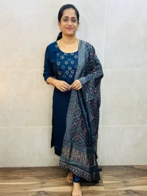 Soft silk top (cotton lining) with embroidered yoke paired with  printed modal silk dupatta and silk bottom (free size)