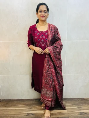 Soft silk top (cotton lining) with embroidered yoke paired with  printed modal silk dupatta and silk bottom (free size)