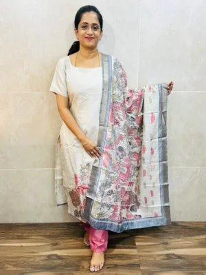Premium semi Tussar top (cotton lining) with allover zari weavings paired with semi Tussar dupatta and silk bottom (free size)