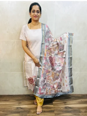Premium semi Tussar top (cotton lining) with allover zari weavings paired with semi Tussar dupatta and silk bottom (free size)