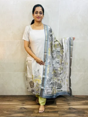 Premium semi Tussar top (cotton lining) with allover zari weavings paired with semi Tussar dupatta and silk bottom (free size)