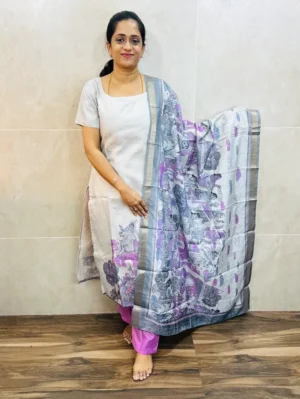 Premium semi Tussar top (cotton lining) with allover zari weavings paired with semi Tussar dupatta and silk bottom (free size)