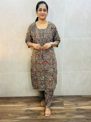 Natural dyed Kalamkari printed cotton top (cotton lining) paired with Kalamkari bottom (free size)