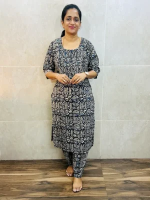 Natural dyed Kalamkari printed cotton top (cotton lining) paired with Kalamkari bottom (free size)